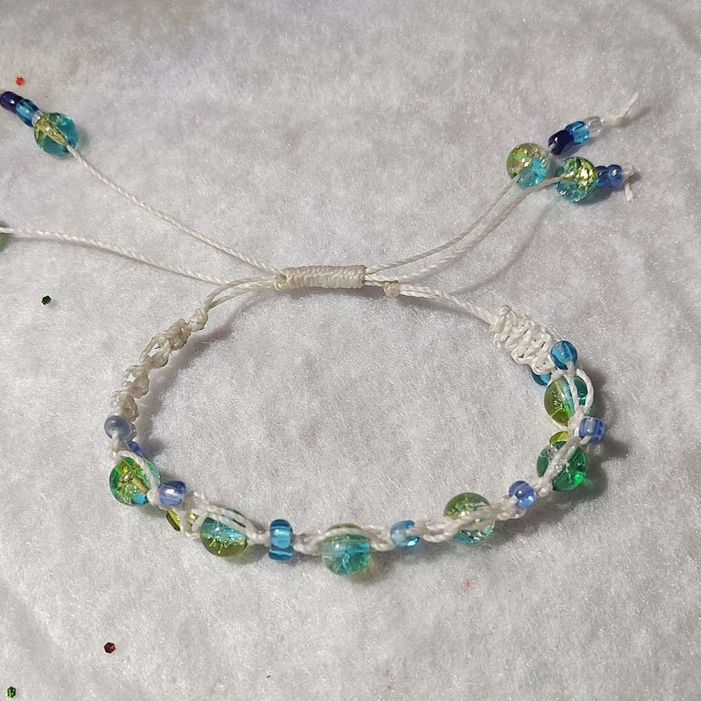 Glass Round Beaded Bracelet Adjustable Sliding Knot White Cord Blue Green
