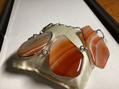 Large Agate Orange White Frosted Stone Silver Tone Chain Bracelet Free Shipping