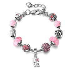 18K Gold Plated LOVE Pink CZ Murano Charm Bracelet Made with Swarovski Elements