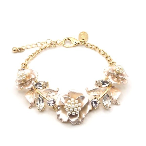 Charming Charlie Gold Tone Floral Bracelet Faux Pearls Crystals Adjustable Chain gallery