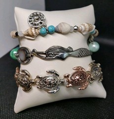 Lot Of 3 Beach Theme Bracelets! Turtles Mermaid Seashells Nautical All Beautiful