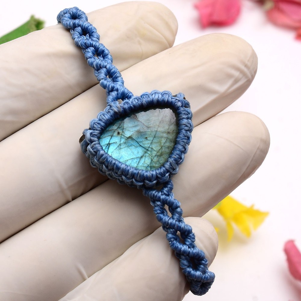 Hand Knotted Natural Flashy Labradorite Beautiful Boho Macrame Gemstone Bracelet