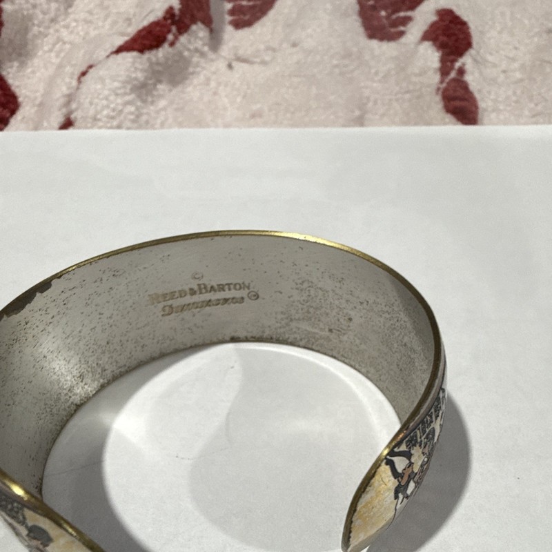 Frieda Barton Signed Silverplate Cuff Bracelet, Egyptian Motif Scene gallery