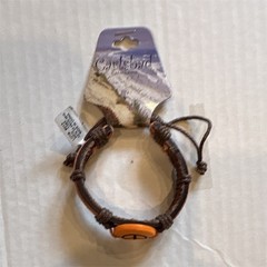 Adjustable Brown Cord Wrap Bracelet w/ Orange Round Peace Dangle Charm