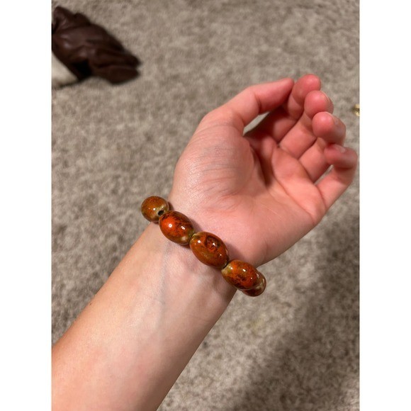 Vintage Earth Tone Marbled Stone Beaded Stretch Bracelet Brown Orange Boho gallery