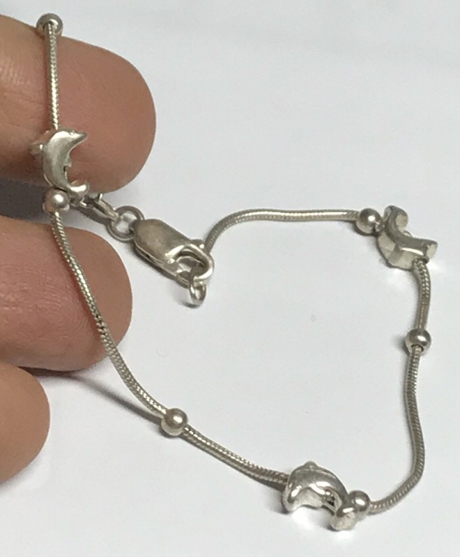 Vintage Sterling Silver Dolphin & Scalloped Bead Rope Bracelet - 8” Long 5.1 Gra gallery