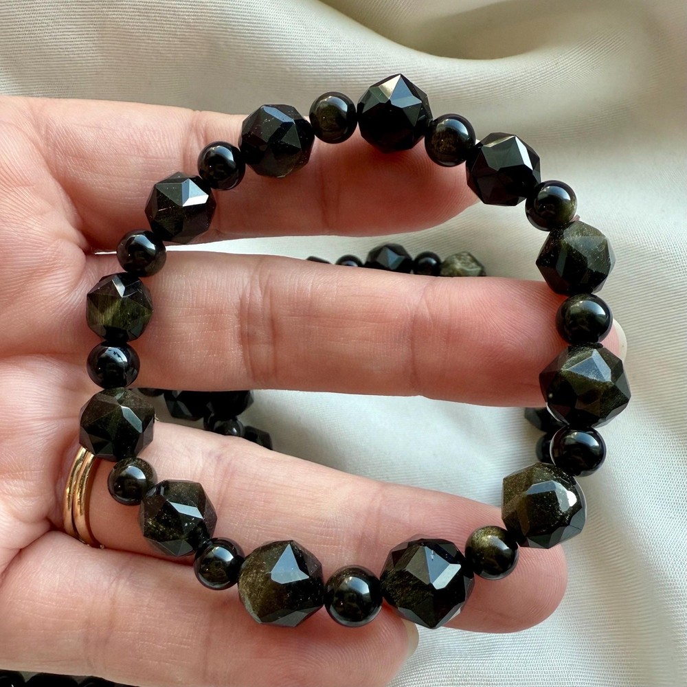 Golden Sheen Obsidian Bracelet | Faceted Geometric Beads | Stretch Bracelet