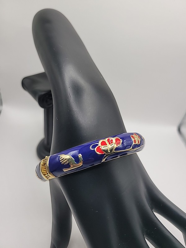 Vintage Blue Enamel Floral Hinged Bangle Bracelet Gold Tone Cloisonne' Style gallery