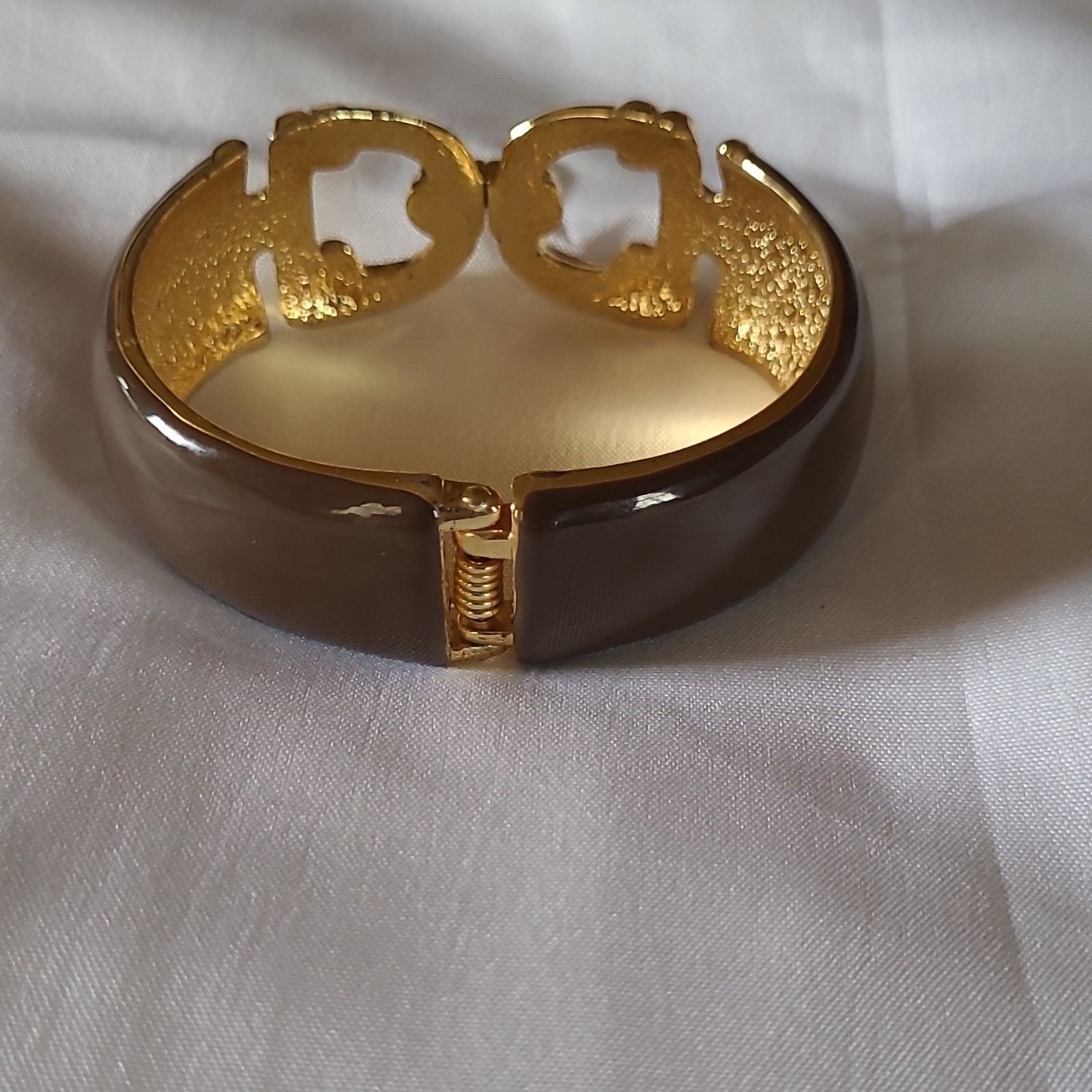 Gold & Brown Hinged Bangle Cuff Bracelet, Gold Tone Brown Enamel, No Stone gallery