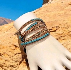 NAKAMOL Beaded Leather Wrap Bracelet Necklace Turquoise Earth Gold tones to 36″