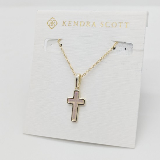 New Kendra Scott Cross Gold Pendant Necklace in Pink Dichroic Glass gallery