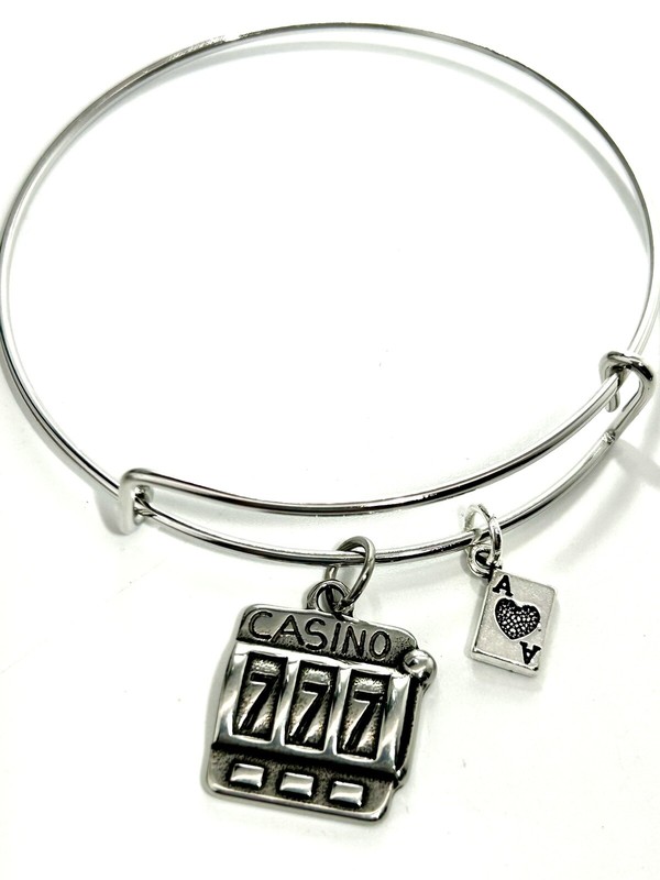 Casino 777 Slot Machine & Ace of Spades Card Gambling Silver Charm Bracelet gallery