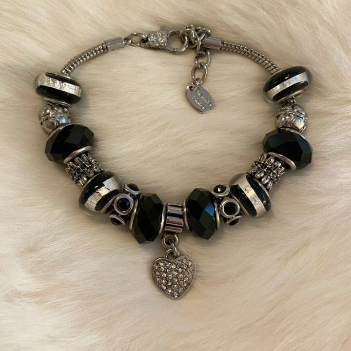 Gothic Black Glass Bracelet Witchy Rave Slide Charm Silver Tone Adjustable 7404 gallery