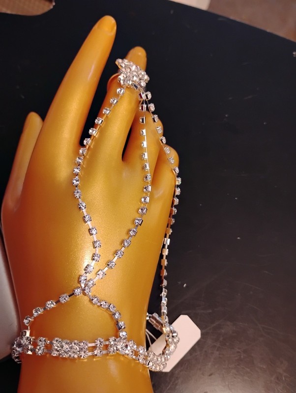 Jewelry Bracelet W.Attached Ring SILVER color BLING Crystals, Chain Set B1 gallery