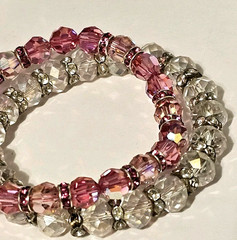 Pair of Crystal Cut Beads w/ Rhinestone Spacers Stretch Bracelet Pink & Clear