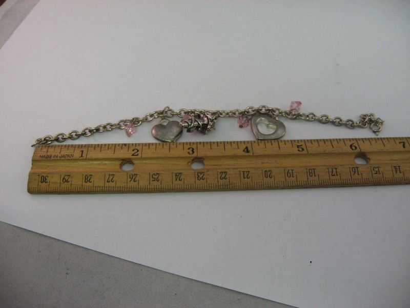 Silver Tone Charm Bracelet Pink Enamel Heart Flower Bouquet Dangle Crystal Beads gallery