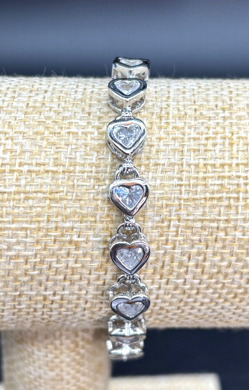 Silver CZ Heart Tennis Bracelet Locking Safety Clasps Rhodium Finish 7" gallery