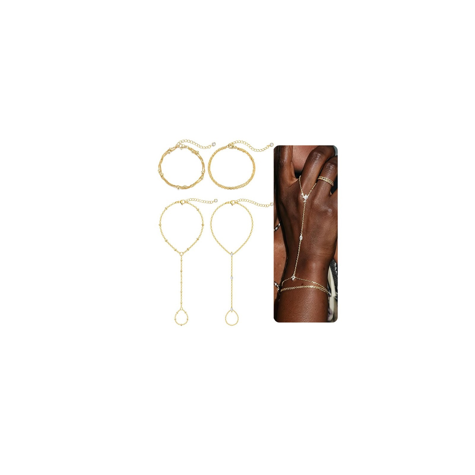 4PCS Gold Plated Hand Chain Bracelet Set, Dainty Adjustable Rings, CZ Jewelry, S gallery