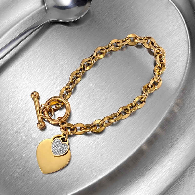 Women's Heart Inlay Zircon Pendant Bracelet OT Buckle Stainless Steel Bracele gallery