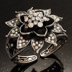 Divine AB Crystal Flower Hinged Bangle Bracelet (Burn Silver)