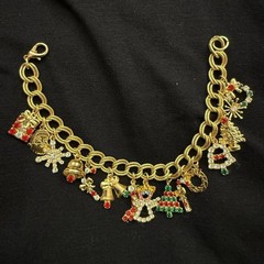 Christmas Charm Bracelet 15 Charms Rhinestones Gold Tone Tree Angel Bell