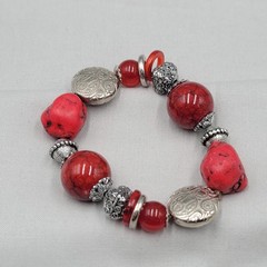 Red Howlite Stone Bead Bracelet Stretch Elastic Silver tone 6.75″