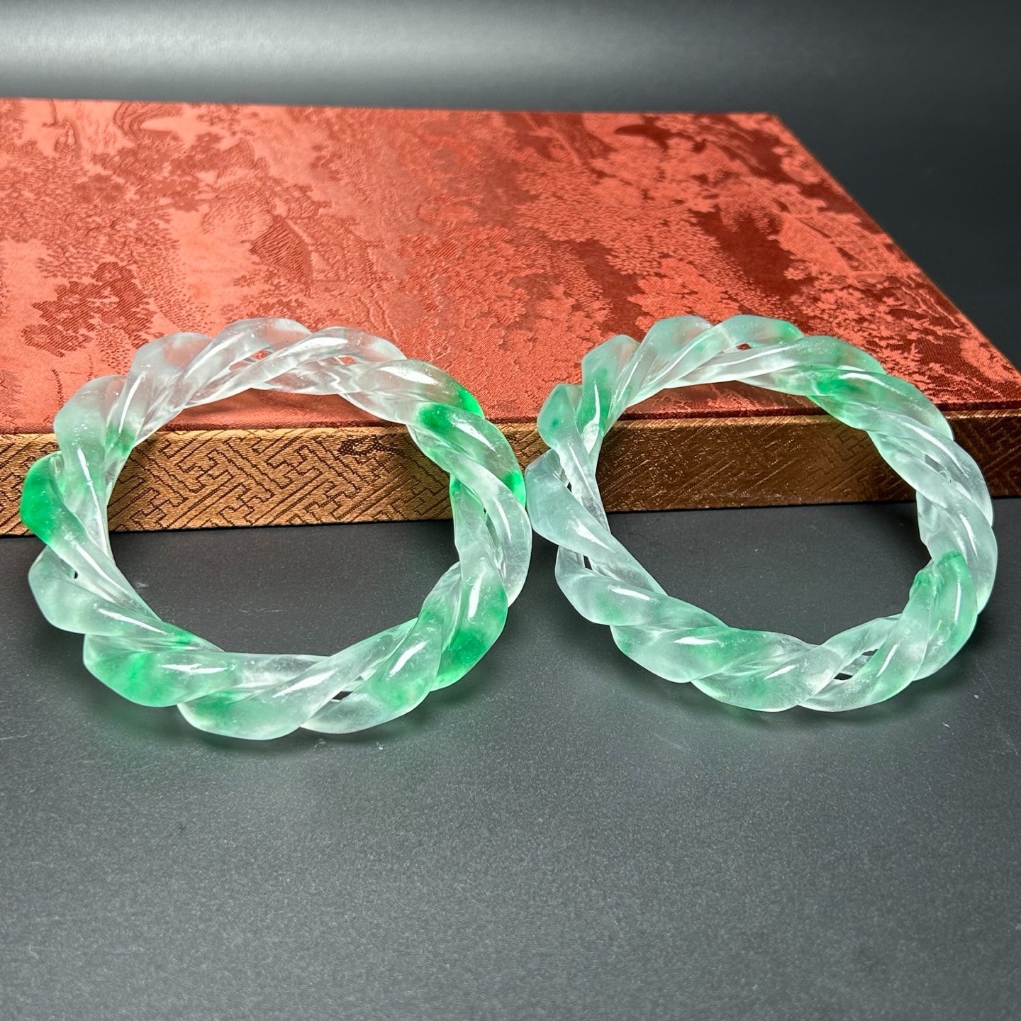 2PCS Real natural Myanmar high Ice green Jade jadeite bracelets Bangle 63mm gallery
