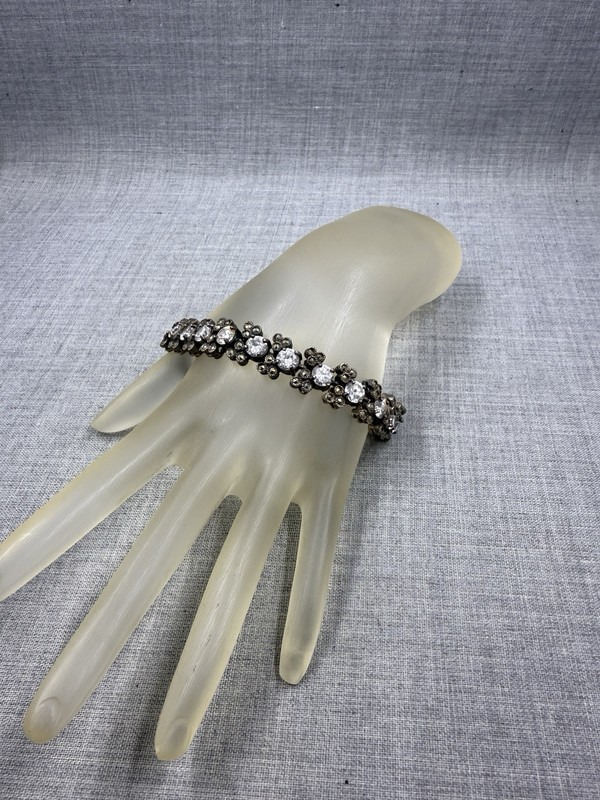 Marcasite & Crystal Cluster Link Sterling Silver .925 Tennis Bracelet 7.75" gallery