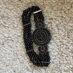 Black Beaded Elastic Stretch multi-Strand Bracelet, Round Medallion Charm