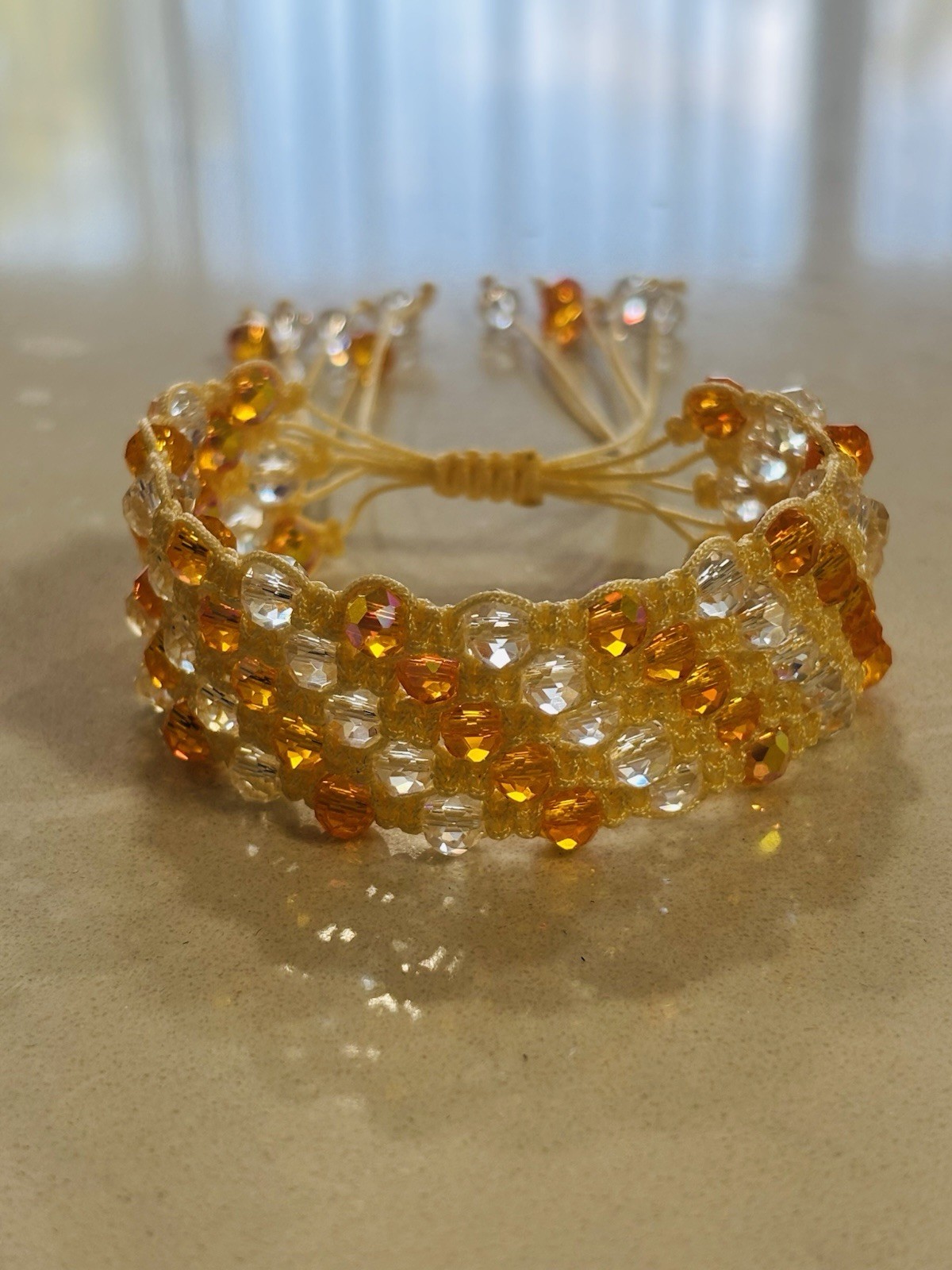 Handmade Wide Macrame Bracelet - 5-Row Orange & Clear Crystal Beads gallery