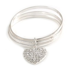 Silver-Tone Crystal Heart Set Of 3 Bangles – 17cm Long