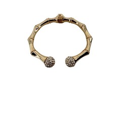 Gold Bamboo Hinged Cuff Bracelet Rhinestone Orb Bypass Bangle Statement Jewelry