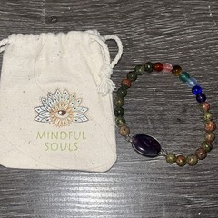 NEW -Mindful Souls-Amethyst + Unakite Jasper + 7 Chakra Beaded Bracelet-W/Pouch