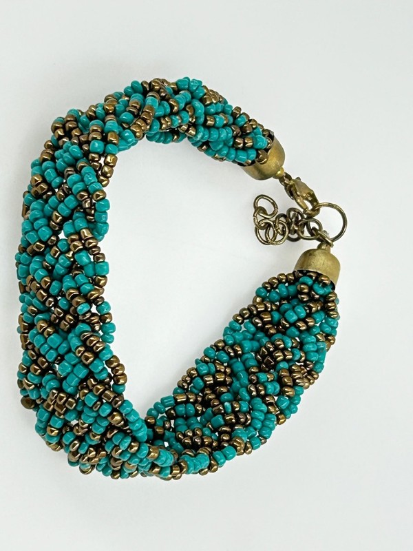 Beaded Braided Bracelet Adjustable Turquoise Bronze Seed Beads 8-10 inches gallery