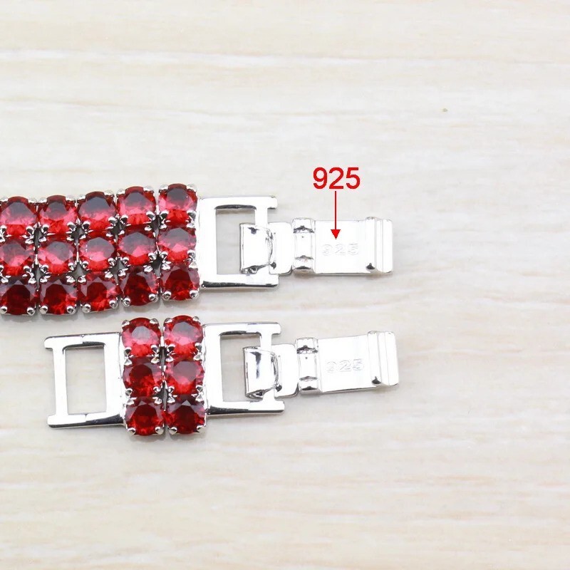 925 Sterling Silver Three Row Red CZ Wide Bracelet 7 inch to 8 Inch gallery