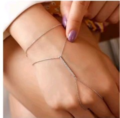 Woman Double Silver Ring Bracelet Hand Chain Beautiful 2” CZ Focal Strip