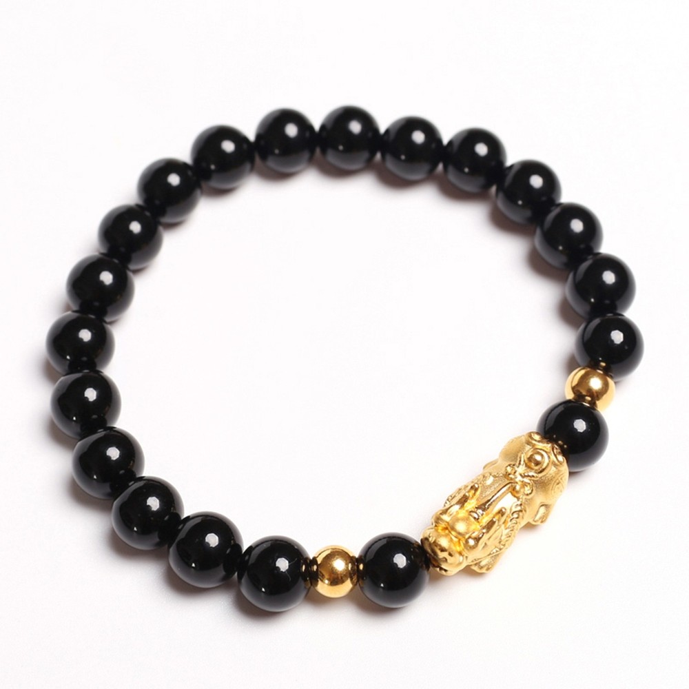 999 Pure 24K Yellow Gold 3D 14*6mm Lucky Pixiu 6mm Agate Bead Chain Bracelet