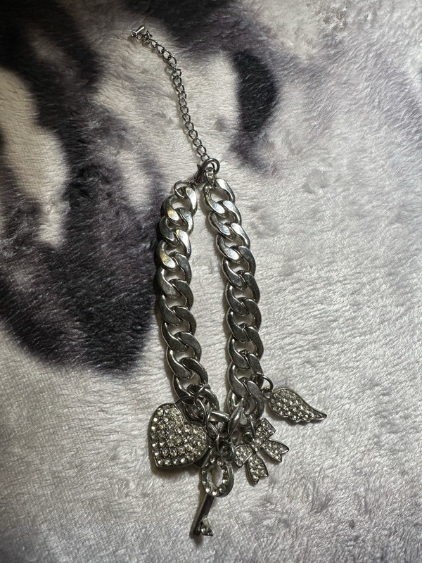 Silver Tone Curb Link Chain Charm Bracelet Adjustable Heart Key Angel Wing gallery