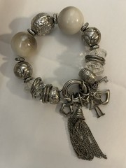 Chunky Silver Tone Charm Bracelet Large Beads Crystal Tassel Angel Key Toggle
