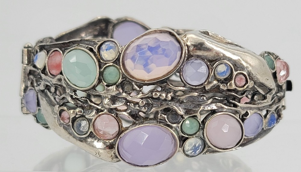 Stunning 925 Sterling Silver Multi Stone Large Ornate Bangle Bracelet w/ Clasp