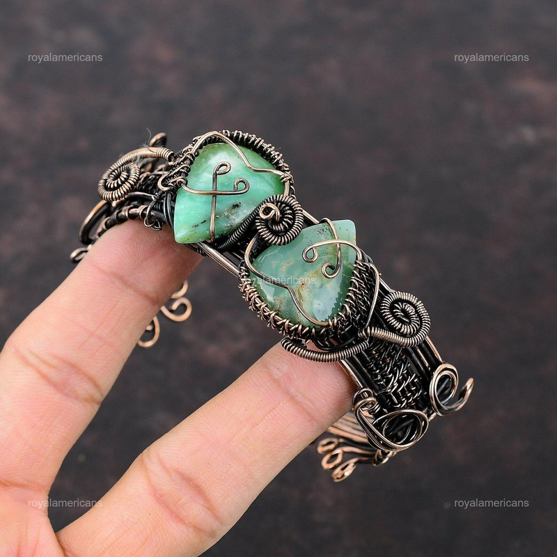 Gift For Her Chrysoprase Wire Wrapped Cuff Adjustable Bangle Copper Jewelry gallery