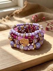Light Purple 4-Piece Bohemian Layered Beaded Heart Pendant Bracelet Set One Size