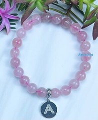 Rose Quartz 8mm Natural Crystal Stainless Steel Initial Bracelet CUSTOM SIZING