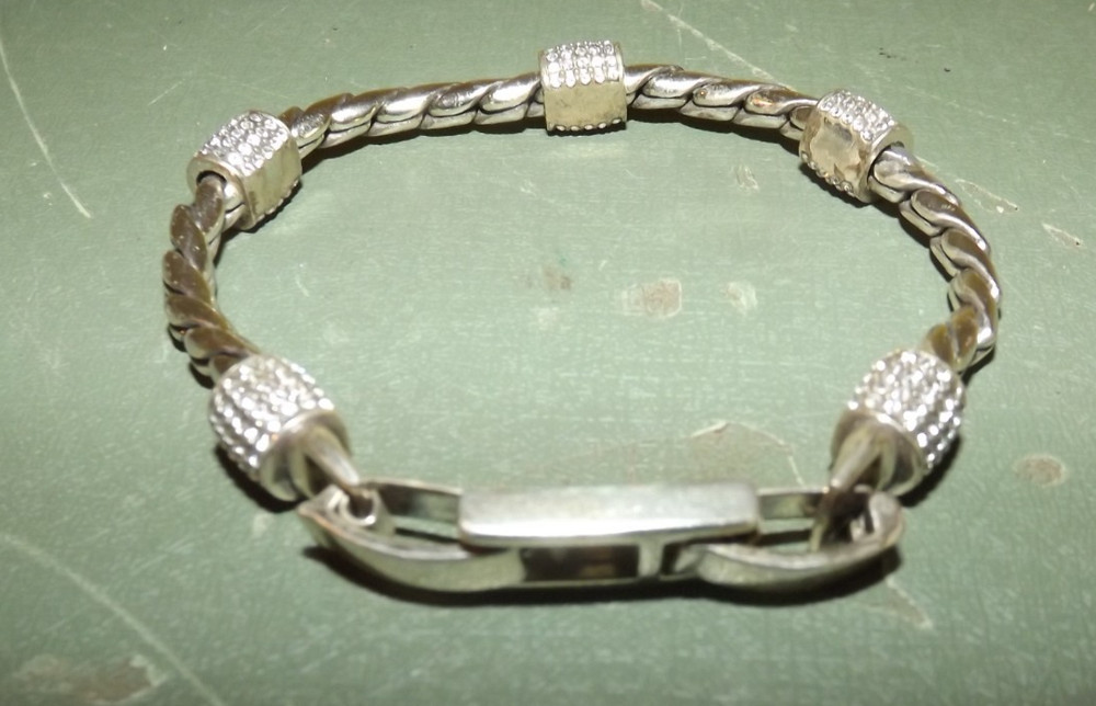 Brighton Silver Tone Meridian Bracelet Twisted Rope, Crystals Extra Clasp 8.5"L