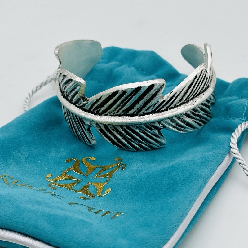 Rustic Cuff Silver Feather Statement Cuff Bracelet Open Bangle With Pouch gallery