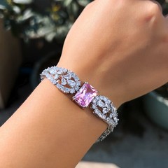 Women Pink Baguette Cubic Zirconia Wedding Bridal Silver Plated Bracelet Bangle