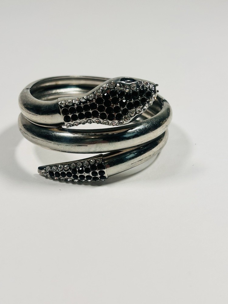 Avalaya Blk & Clear Swarovski Crystal Snake Hinged Bangle Bracelet Silver Style