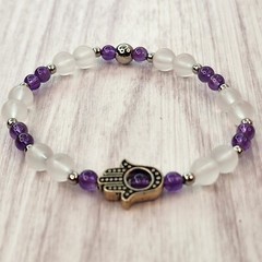 Crystal Bracelet Stretch Women’s Amethyst Matte Quartz 6mm 4mm 7in Gift Box