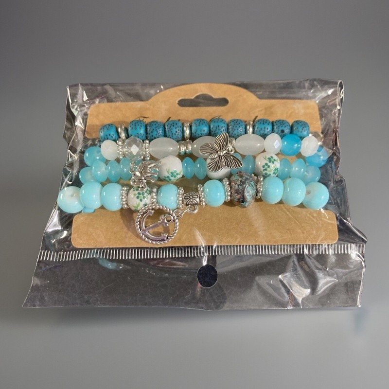 Turquoise Glass Beaded Stacking Bracelet~Anchor~Elephant~Butterfly Charm Stretch gallery