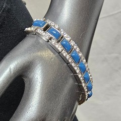 Stretch Bracelet Women OS Blue Silver Art Deco Rhinestone Link